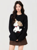 Black Sweet Cute Puppy Embroidered Hooded Sweater 2026 Autumn And Winter Loose Thicken Long-Sleeved Knitted Shirt Top