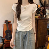 Positive Shoulder Collar Short Sleeve T-Shirt Design Feel Waist Thin Curved Under Hem Short Flying Sleeve Repair Body Coat