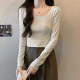 Vintage Low-Neck Shoulder Long-Sleeved T-Shirt Women Early Autumn New Design High Waist Display Thin Short Inside The Bottom Top