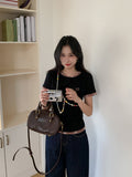 Pure Lattice Splicing Short-Sleeved T-Shirt Girls Summer New Fake Two-Piece Letter Repair Inside The Bottom Top
