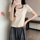 Spicy Collarbone Positive Shoulder Design Fake Two-Piece T-Shirt Girl Short-Sleeved Summer 2026 Super Hot Chic Hot Babes Top