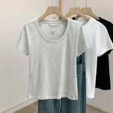 Positive Shoulder Low Round Collar Collar Collar Collar Collar Collar Collar Short Sleeve T-Shirt 2026 New Pure Cotton Slimming U Collar Inside The Top