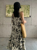 Ink Print Sling Skirt Summer Girl Retro Folded Texture Loose Sleeveless Dress Long Skirt