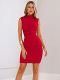 2025 New Women's Sexy Half-High Collar Folds Waist Skirt Women's Temperament Pure Color Dress