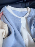 French Small Fragrant Blue Fake Two Knitted Cardigan Women Early Autumn New Korean Wearing Buttons Lazy Sweater