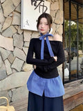 Fake Two Lattice Splicing A Shoulder-To-Shoulder Shirt Women's Autumn And Winter 2026 New Unique Special Hot Girl Top