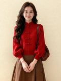 Christmas And New Year Red Chinese Buckle Sweater Women's Autumn And Winter Loose Lazy High-End Knitted Shirt Top