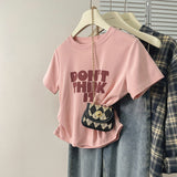 Positive Shoulder Cotton Short-Sleeved T-Shirt Girl 2025 New Summer Letter Folding Body Chic Small Short Top