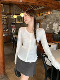 White Round Collar Hook Hollow Long-Sleeved Knitted Cardigan 2026 Autumn New Slim Thin Top