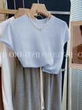 Summer Blue Little Flying Sleeve Ice Silk Knitted Short-Sleeved T-Shirt Femininity Slime Straight Shoulder Unique Beautiful Top