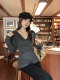 Gray Lazy Wind Folds And Shoulders Collar Loose Solid Long-Sleeved T-Shirt New Korean Version Of Autumn Women's Top