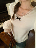 Apricot Lace V-Neck Grinding Long Sleeves Bottom Shirt Women Take T-Shirt Autumn And Winter New Folds To Collect Small Tops