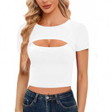 2025 Summer New Round Neck Casual Sexy Solid-Colored Bare-Necked Women's Short-Sleeved T-Shirt