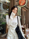 White Irregular Cross-Thin Micro-Permeable Sunscreen Hood T-Shirt Women 2026 Early Autumn New Loose Long-Sleeved Top