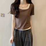 Fake Two Bumpy Square Short-Sleeved T-Shirts For Girls Summer New Body-Repair Korean Chic Short Top