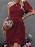 Dress 2025 Spring Solid Color Unilateral Sleeves And Shoulder Side Solid Color High-Waisted Oblique Shoulder Mid-Slope Shoulder Skirt