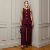 Women's Fashion Gold Buttoned Vest Trousers Two-Piece Casual Suit Women