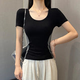 Pure Hot Girl Round Collar Color Short-Sleeved T-Shirt Summer 2025 New Slimming Bottom Shirt Waist Top