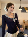 French Bow Tie With Slanted Shoulder Long-Sleeved T-Shirt For Women's Early Autumn Small Body Slim Slime Top
