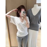 Summer Lazy Wind Loose V-Neck Blouse 2025 New Short-Sleeved T-Shirt Women's Bat Sleeve Shirt Ins