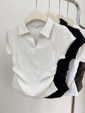 Design Feel Waist Polo Collar Front Shoulder Short-Sleeved Women's Top Summer Hottie V Collar Slimy T-Shirt