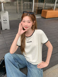 Flower Gray Letter Embroidery Splicing Round Collar Short-Sleeved T-Shirt Women 2026 Summer New Loose Thin Top