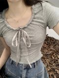 Design Wood Ear With Short-Sleeved T-Shirt For Women's Summer Pure-Want Style Slim Short V-Neck Top Hot Girl
