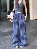 Blue Retro Lattice Slacks Wide Leggings Women Early Spring High-Waisted Lazy Style Trousers Straight Trousers Trousers