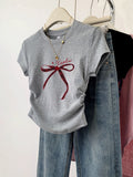 Pure Cotton Shoulder Short-Sleeved T-Shirt Women 2025 Summer New Design Sense Niche Wrinkles To Receive Thin Short Tops