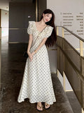 French Wave Point Bubble Sleeve Dress Women's Summer Seaside Vacation Gentle Wind Waist Temperament Unique Beautiful Dress