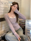 Autumn And Winter New Fake Two Lace Hanging Neck Low Collar Long Sleeve Knitted Bottom Shirt Women Pure Desire To Put On A Small Top