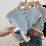 Right Shoulder Thin Fake Two Bumpy Round Neck Straight T-Shirt Girls Summer Irregular Folds To Sweet Spicy Small Blouse