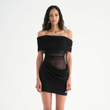 Women's Clothing 2025 Summer New Sexy Shoulder Mesh Splicing Body Folding Short Dress Woman