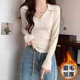 Korean Polo Collar Long-Sleeved Mask T-Shirt Women's Autumn And Winter New Design Feeling Folded Waist Unique Special To The Bottom Shirt