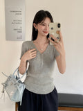 Casual Simple Solid Color Half-Open Collar Leakage Collar Collar Short-Sleeved T-Shirt Women's Summer New Thin Temperament Knitted Shirt Top