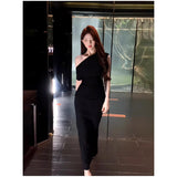 Slanted Collared Shoulder Sexy Waist Temperament Folded Dress French Dress Long Dress Summer Senior Sense