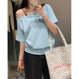 One-Word Shoulder Gray 220G Heavy Cotton Short-Sleeved T-Shirt Girl With Languid Summer Slouching Loose Slanted Shoulders