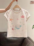 Korean Printing Slim Thin Round Neck T-Shirt 2026 Summer New Front Shoulder Design Short Top