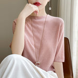 Half-High Collar Fashion Knitted Five-Sleeve Top Lady Summer Thin Flower Solid Color T-Shirt Loose Bottom