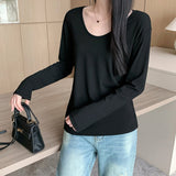 Pure White U-Necked Shirt Long-Sleeved T-Shirt Women's Early Autumn Lazy Relaxed Leisure Pure Cotton On The Basis Of Clothing