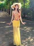 Seaside Holiday Hottie Suit Women Summer Flowers Tsets Tsets Wearing Yellow Mesh Yarn Hips Half-Dress Two-Piece Cover