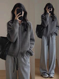Vintage Gray Collar Knitted Sweater Cardigan Coat Women Autumn Winter Loose Lazy Wind Outside Wear Double Zipper High Collar