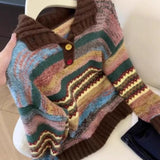 Spring And Autumn New Maillard Wearing Colorful Striped Collar Sweater Women's Autumn And Winter Lazy Knit Coat