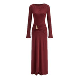 2025 New Temperament Metal Accessories Long Dress Red Knitted Round Dress Dress Dress Dress