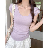 White U-Collar Ice Silk Knitted Short-Sleeved T-Shirt For Girls Summer Thin Necktip Pure Hot Girl Style Short Blouse