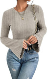 2026 New 8X4 Pit Gruffing Round Collar Women's Blouse Fashion Burst Long-Sleeved Lady T-Shirt