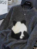 Designing Cartoon Panda Knitted Women 2025 Autumn And Winter New Chic Sweater Loose Top Inside The Bottom