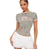 2025 Summer New Women's Fashion Trend Color Bow Print Body Collar Short-Sleeved Woman