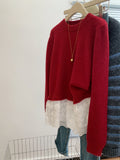 2025 New Blue Fake Two Lace Splicing Loose Outer Wear Sweater Women's Autumn And Winter Lazy Wind High Sense