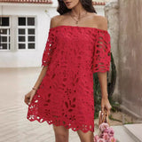 2025 New Commuter Wind Solid Color Brae Shoulder Hollow Lace Dress Dress Dress Dress Woman